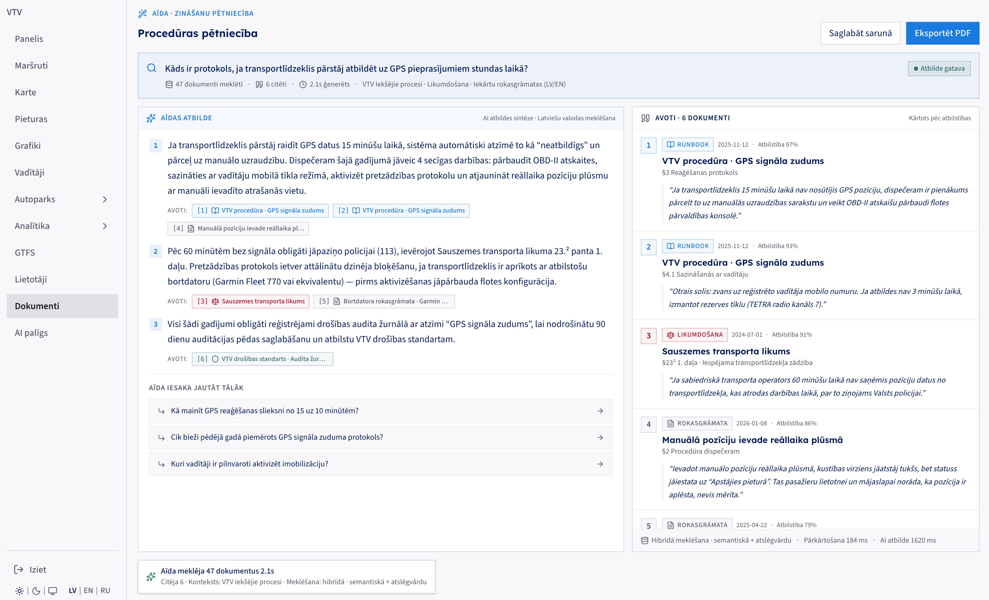 Document research screen: a procedural question answered with numbered citations into runbooks and legislation